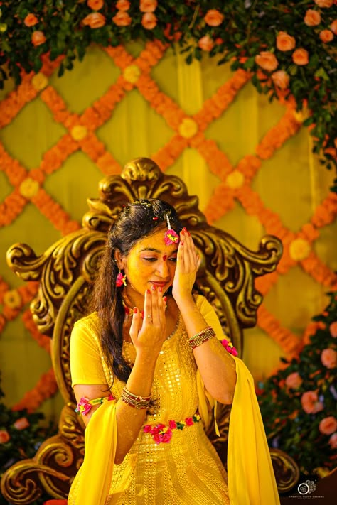 I am here posing for my haldi ceremony Haldi Ceremony Shoot, Haldi Ceremony Stills, Bride Haldi Posses, Haldi Bridal Pose, Girl Wedding Photoshooting, Haldi Photos Ideas, Haldi Photoshoot Ideas For Bride, Haldi Poses For Bride's Sister, Haldhi Stills Bride Dress