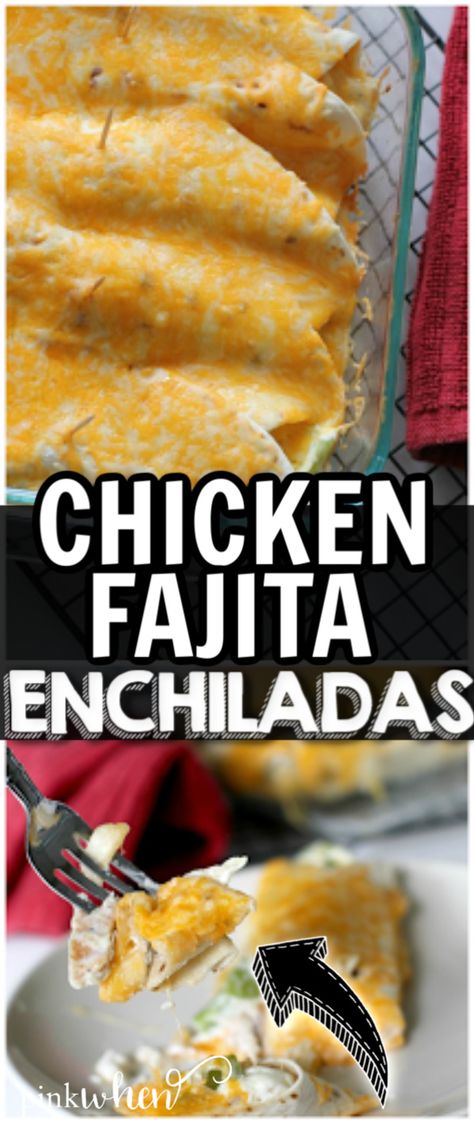 Chicken Fajita Enchiladas are a quick and easy 30-minute meal your whole family will enjoy. These easy fajita enchiladas are perfect for game day, a quick weeknight meal, or even Taco Tuesday. #chickenenchiladas #fajitaenchiladas Chicken Fajita Enchiladas Recipe, Fajita Enchiladas, Oven Baked Potato Wedges, Oven Baked Potato, Baked Potato Wedges, Easy Chicken Enchilada Recipe, 30 Minute Meals Easy, Chicken Fajita Recipe, Chicken Entrees