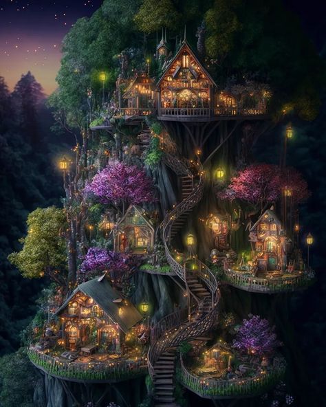 Fairytale Treehouse by @wanderskyhigh Fantasy Treehouse, Casa Hobbit, Colorful Forest, Fairy Tree Houses, Magical House, Fantasy Tree, Fairy Village, Fairy Tree, Fantasy Homes