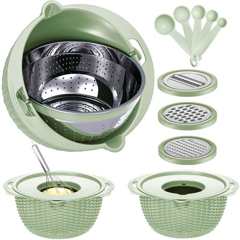 PRICES MAY VARY. Versatile Kitchen Gadget -The 4 in 1 colander set is really a kitchen must have, especially in apartment. It includes a stainless-steel khaki colander, a plastic fruit bowl with non-slid bottom, a center-removable lid and three grater attachments. The strainers and colanders are best for washing vegetable, rinsing rice fruits, straining pasta, preparing and storing food. Innovative Design - With a rotating pivot, the colander keeps horizontal and food will not fall out when drai Fruit Cleaner, Veggie Wash, Plastic Mixing Bowls, Pasta Strainer, Kitchen Strainer, Mixing Bowl Set, How To Wash Vegetables, Food Strainer, Salad Spinner