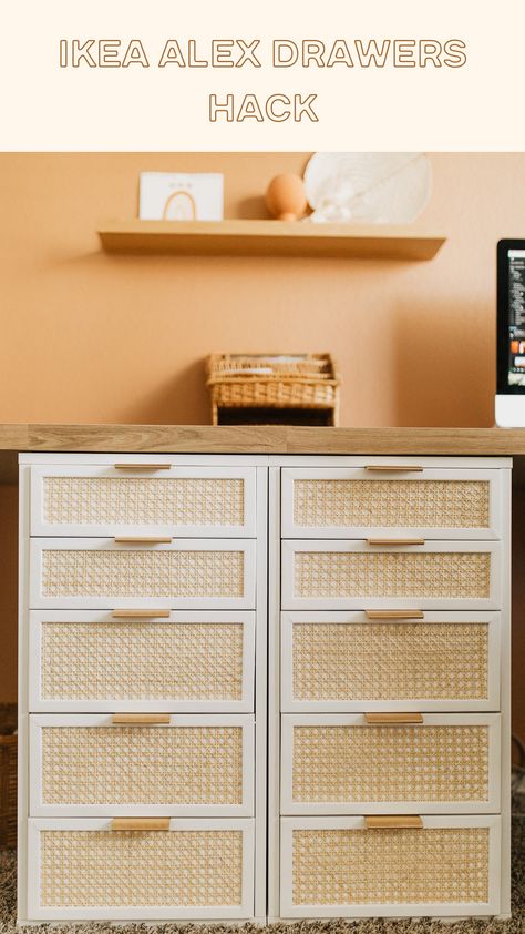 Ikea Alex Drawers Desk Hack | The Hardins Alex Drawer Bedroom, Bedroom Desk With Drawers, Alex Ikea Drawers Hack, Bobo Desk, Diy Ikea Alex Desk, Ikea Hacks Alex Drawer, Ikea Alex Ideas, Boho Desk Makeover, Ikea Hack Alex Drawers