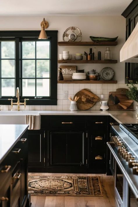 60+ Stylish Kitchens with Black Cabinets Kitchen Dark Grey Countertops, Black Cottage Kitchen, Victorian Airbnb, Farmhouse Kitchen Black Cabinets, Black Kitchen Counters, Small Moody Kitchen, Black Kitchen Cupboards, Kitchens With Black Cabinets, Black Cabinets Kitchen