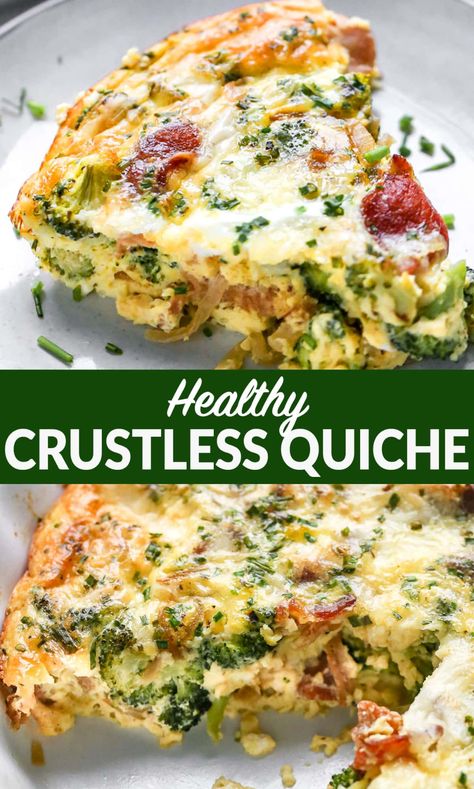 This easy, healthy crustless quiche has rich quiche flavor without the fuss of crust! Customize it with any vegetables or meat you like: broccoli, bacon, spinach, ham and cheese, or Lorraine. One of the best easy breakfast recipes! #quiche #lowcarb #keto Healthy Crustless Quiche, Quiche Easy, Crustless Quiche Lorraine, Quiche Recipes Crustless, Vegetarian Quiche Recipes, Egg Breakfast Recipes Easy, Broccoli Bacon, Breakfast Recipes Easy Quick, Easy Quiche