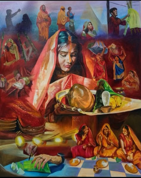 This is a painting titled "Chhath Puja". "Chhath Puja is famous among the Indian states of Bihar , Jharkhand and Uttar Pradesh." This is not a festival, it's an emotion of the Bihari people. Chhath Puja Drawing Sketch, Chhath Puja Madhubani Painting, Chhath Puja Painting, Festival Composition Painting, Chhath Puja Drawing, Indian Festival Painting, Composition Sketching, Bhagwan Drawing, Chat Puja