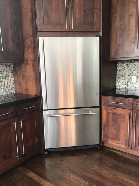 Corner fridge Refrigerator Corner Cabinet, Refrigerator In The Corner, Corner Refrigerator Kitchen Layout, Kitchen With Fridge In Corner, Fridge In The Corner, Fridge Corner Kitchen, Corner Fridge Kitchen Layout, Refrigerator In Corner Of Kitchen, Corner Refrigerator Ideas