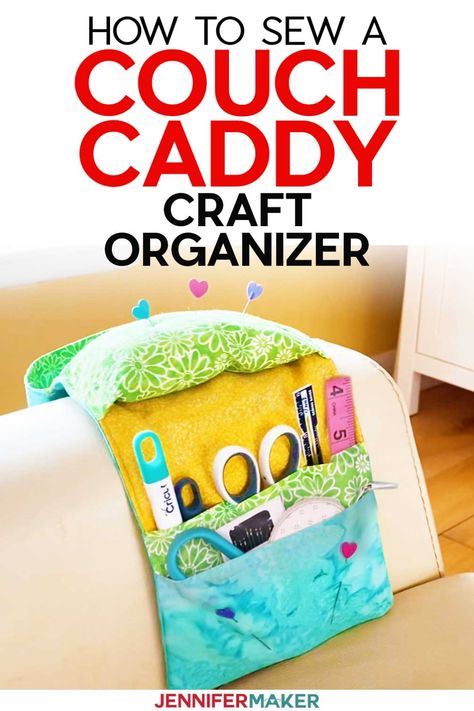 Arm Chair Caddy Pattern, Cricut Organization, Couch Caddy, Sewing Tools Organizer, Jennifer Maker, Sewing Station, Sewing Caddy, Craft Organizer, Organization Storage