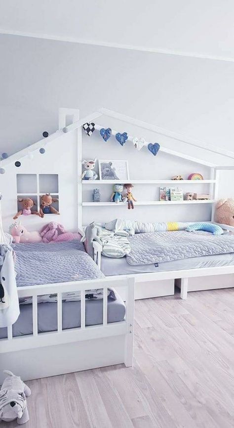 Reading Sofa, Montessori House Bed, Shared Girls Room, House Beds For Kids, Kids Shared Bedroom, Kids Bedroom Designs, Toddler Rooms, Kids Bunk Beds, House Beds