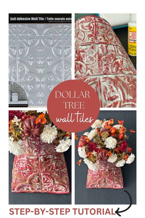 Tin Can Valentine Ideas, Painting Dollar Tree Wall Tiles, Tin Ceiling Tile Crafts, Dollar Tree Wall Tiles Crafts, Dollar Tree Faux Tin Tile Crafts Christmas, Dollar Tree Stick On Tile Crafts, Dollar Tree Tiles Ideas, Tin Can Wall Pocket, Tin Can Wall Pocket Diy