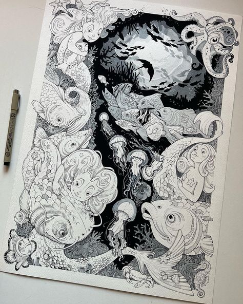 Art Final, Kerby Rosanes, Sketchbook Project, Pen Drawings, Fantasy Drawings, Ink Artwork, Arte Inspo, Arte Sketchbook, Ink Drawings