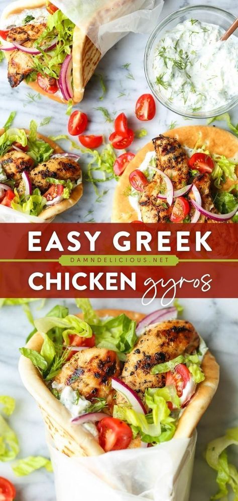 GREEK CHICKEN GYROS, dinner ideas, chicken recipes Easy Greek Chicken, Greek Chicken Gyros, Beverages Recipes, Chicken Gyro Recipe, Mediterranean Foods, Greek Gyros, Gyro Recipe, Homemade Tzatziki Sauce, Chicken Grilled