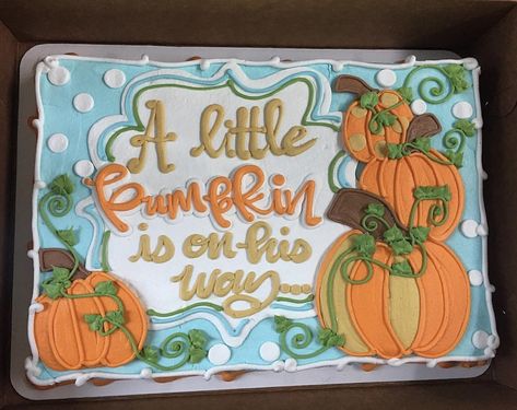 Pumpkin Theme Sheet Cake, Simple Birthday Sheet Cake, Pumpkin Baby Shower Cake, Fall Baby Shower Cake, Pumpkin Patch Cake, Baby Shower Sheet Cakes, Cake Fall, Frosting Ideas, Fall Baby Shower Themes