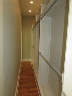 Organizing Basement, Long Narrow Closet, Narrow Closet Organization, Narrow Walk In Closet, Narrow Closet Design, Closet Behind Bed, Remodel Closet, Narrow Closet, Walk In Closet Small