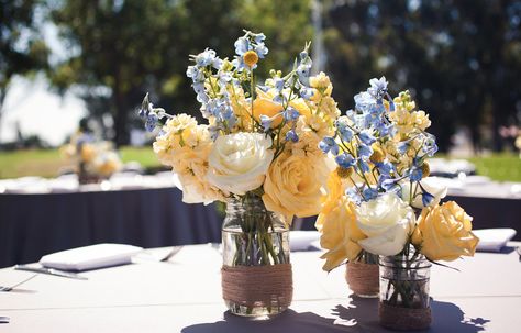 Blue and Yellow Flower Arrangements | Yellow Centerpieces Blue And Yellow Flower Centerpieces, Blue And Yellow Baby Shower Ideas, Blue And Yellow Graduation Party, Blue And Yellow Flower Arrangements, Yellow Flower Centerpieces, Lemons Wedding, Western Centerpieces, Yellow Flower Arrangements, Yellow Centerpieces