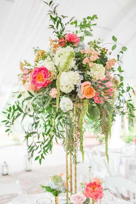 Colorful Tall Centerpieces Wedding, Tall Whimsical Wedding Centerpieces, Round Table Centerpieces Wedding Colorful, Elevated Flower Centerpiece, Tall Floral Arrangements Centerpieces, Hydrangea Centerpiece Wedding Elegant, Peony Floral Arrangements Wedding, Wedding Flowers Summer Centerpieces, Elevated Wedding Centerpieces