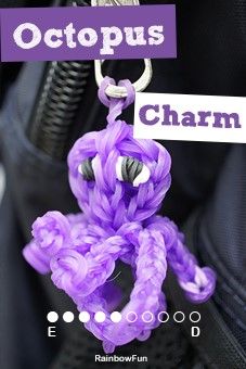 How to make an Octopus Charm. We love this little guy!  Check out more of our latest designs at: http://www.rainbowfun.com.au/latest-designs Loom Bands Tutorial Step By Step, Loom Band Animals, Loom Band Patterns Instructions, Loom Band Charms, Rainbow Loom Animals, Bracelets Crafts, Loom Bands Tutorial, Loom Band Patterns, Rainbow Loom Bracelets Easy