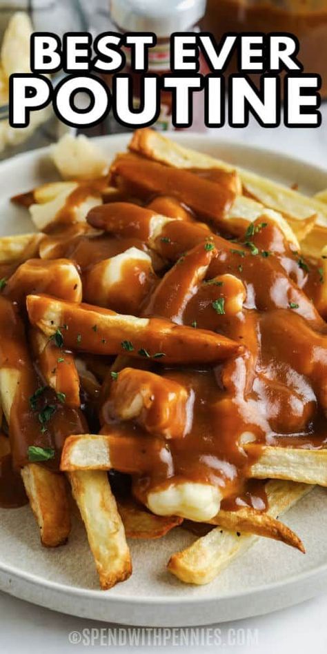 Make this Canadian poutine recipe and add pulled pork to make it into an entree! Homemade gravy and crispy French fries make this delightfully messy dish classic comfort food. #spendwithpennies #poutine #appetizer #sidedish #recipe #best #canadian #easy #gravy #homemade #frenchfries #howto #cheesecurds How To Make Poutine Recipe, Canadian Fries Poutine, Poutine Sauce Recipe, Gravy For Fries, Gravy Fries Recipes, French Fry Ideas, Best Poutine Recipe, Homemade Poutine Gravy, Poutine Gravy Recipe Easy