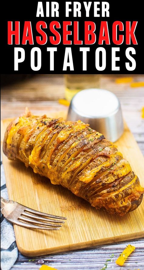 Air Fryer Hasselback Potatoes are crisp outside and tender inside! The potato slices are stuffed with cheese and bacon and have delicious flavor in every bite. Air Fried Hasselback Apples, Air Fryer Hasselback Potato Recipes, Airfryer Hasselback Potatoes, Air Fry Hasselback Potatoes, Air Fryer Hassle Back Potatoes, Hassle Back Potatoes Air Fryer, Sliced Baked Potatoes In Air Fryer, Hassleback Potatoes Airfryer, Longhorn Steakhouse Sliced Baked Potatoes