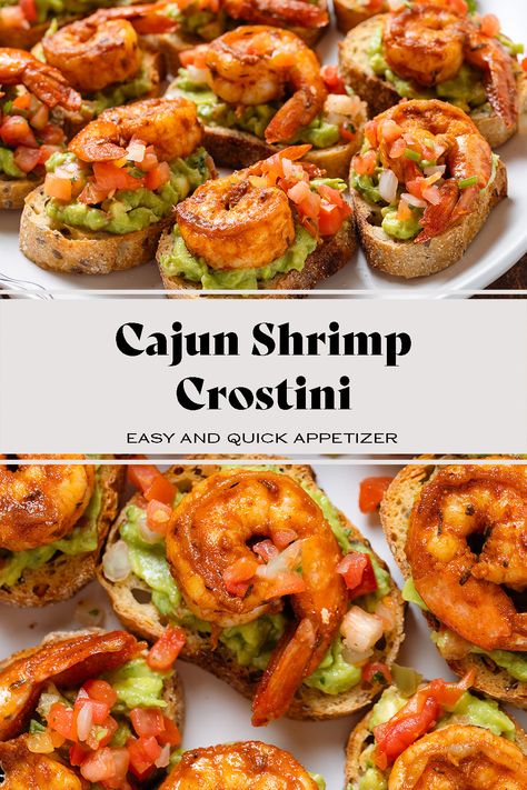 These Cajun Shrimp Crostini bites are an easy crowd pleasing appetizer that comes together in less than 30 minutes. Toasted baguette is topped with guacamole, fresh salsa, and spicy cajun shrimp. These make delicious party finger food or a fun and fancy movie night snack all year round! Shrimp Guacamole Appetizer, Easy Fancy Appetizers, Fancy Starters, Shrimp Crostini, Spicy Cajun Shrimp, Toasted Baguette, Homemade Jerky, Crostini Appetizers, Whipped Goat Cheese