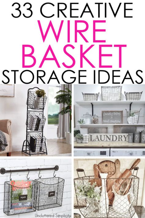 33 Wire Basket Storage Ideas For Every Room In Your Home. Yep, farmhouse decor can be both beautiful AND functional! #unclutteredsimplicity Farmhouse Wire Baskets, Wire Baskets On Wall Bathroom, Bathroom Wire Basket Ideas, Wire Basket Organization Ideas, Wire Wall Basket Decor Ideas, Farmhouse Wire Baskets Decorating Ideas, What To Do With Wire Baskets, Using Baskets For Storage, Kitchen Basket Decor