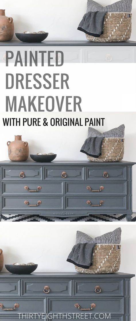 How To Paint Wood Furniture! Painting Furniture With Chalk Paint Gives Your Furniture A Refresh! Grey and Copper Painted Dresser Makeover is GORGEOUS! LOTS of Furniture Makeovers and Painted Furniture Tutorials. #paintedfurniture #paintingfurniture #chalkpaint #chalkpaintfurniture Paint Wood Furniture, Pure And Original, Refurbished Dresser, Paint Dresser, Painting Wood Furniture, Painted Furniture Colors, Furniture Painting Techniques, Painting Wood, Paint Wood