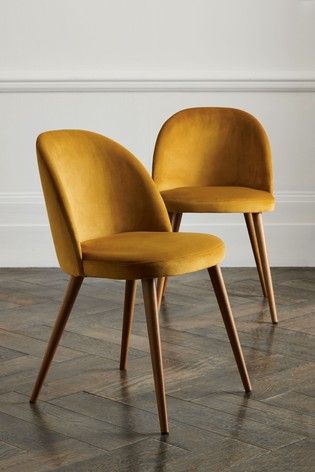 Opulent Velvet Ochre Set of 2 Zola Dining Chairs With Walnut Effect Legs Acacia Wood Furniture, Yellow Dining Chairs, Yellow Chairs, Retro Dining Chairs, Hague Blue, Dining Office, Yellow Chair, Kitchen Tables, Restaurant Chairs