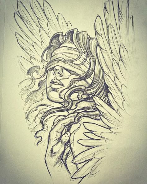 blindfolded angel Guardian Angel Tattoo, Angel With Wings, Kunst Tattoos, Wing Tattoo Designs, Angel Wings Tattoo, Angel Tattoo Designs, Angel Drawing, Desenho Tattoo, Wings Tattoo