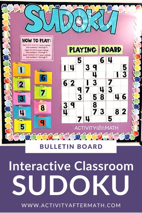 This Sudoku Puzzle bulletin board can be used in a small corner of your classroom to give students a break during transitions or to collaborate with their peers to complete the puzzle. Use this as an area in your room for students to go when they need a break. It's interactive so classes can collaborate to complete the puzzle. It is logic so it makes it great for any age group! Suduko Bulletin Board, Sudoku Bulletin Board, Math Bulletin Boards Middle School, Puzzle Bulletin Boards, Sudoku Board, Math Decorations, Time Management College Student, High School Bulletin Boards, Work Bulletin Boards