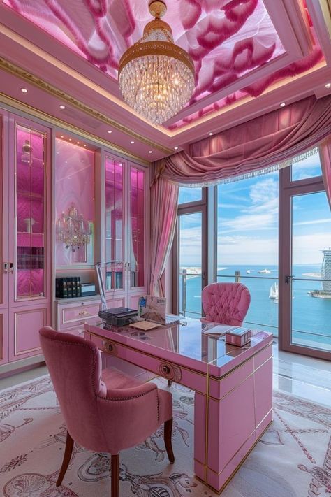 Office Pink Aesthetic, Hot Pink Interior Design, Pink Office Aesthetic, Opulent Decor, Colorful Office Design, Ornate Ceiling, Curtains Pink, Feminine Office, Pink Color Palette