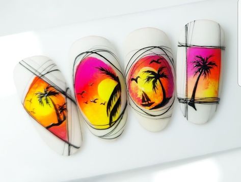 Nail Art Palm Tree, Pigment Nail Art, Nail Art For Summer, Sea Nail Art, Art For Summer, Palm Tree Nail Art, Tropical Nail Designs, Tree Nail Art, Summer Abstract