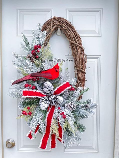 Wreaths & Bows : Inspiration and Ideas by Wreath & Bow Co | A Cardinal winter wreath that I made | Facebook Cardinal Winter, Christmas Bazaar Crafts, Historical Christmas, Cardinal Decor, Cardinal Wreath, Bazaar Crafts, Christmas Cardinals, Wreath Winter, Wreath For Front Door