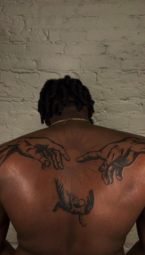 Back Tats For Men, Men’s Cross Chest Tattoos, Inri Jesus Tattoo, Creation Of Adam Tattoo Back, Bible Verse Chest Tattoo Men, Biblical Back Tattoos, Boy Tattoos Men, Aesthetic Back Tattoo Men, Behind The Neck Tattoos Men