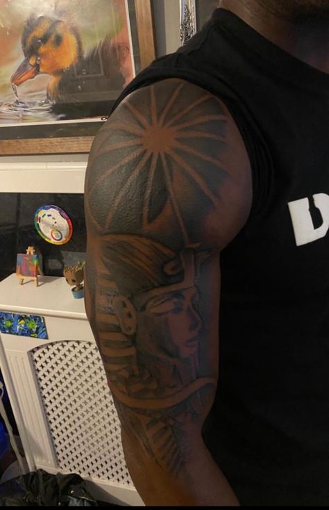 Egyptian Shoulder Tattoo Men, Dark Skin Men Tattoo Ideas, Black God Tattoo, Tattoos On Dark Skin Black Men, Egyptian Shoulder Tattoo, Egyptian Tattoo Men, Black People Tattoos Dark Skin, Egyptian Tattoo Ideas, King Tut Tattoo