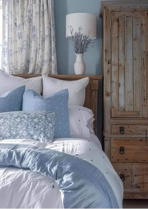 Farmhouse Bedroom With Blue Accents, Blue Whimsical Bedroom, Blue Calming Bedroom, Beige White Blue Bedroom, Cornflower Blue Bedroom Ideas, Family Blue Aesthetic, Blue And White Cottage Bedroom, French Country Blue Bedroom Ideas, Cottagecore Bedroom Blue