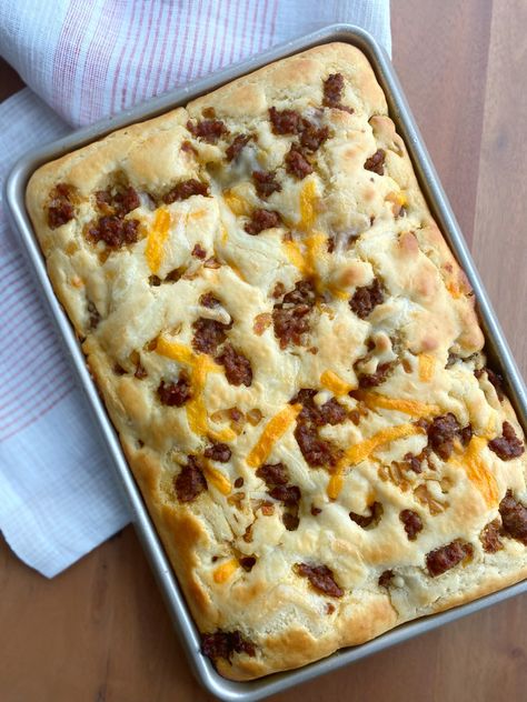 Savory Sheet Pan Pancakes with Sausage and Cheese Savory Sheet Pan Pancakes, Sheet Pan Breakfast Recipes, Link Sausage Recipes Breakfast Casserole, Sheet Pan Pancakes With Sausage, Sausage And Pancake Casserole, Maple Sausage Breakfast Casserole, Pancake Sausage Casserole, Sheet Pancakes, Sausage Sheet Pan