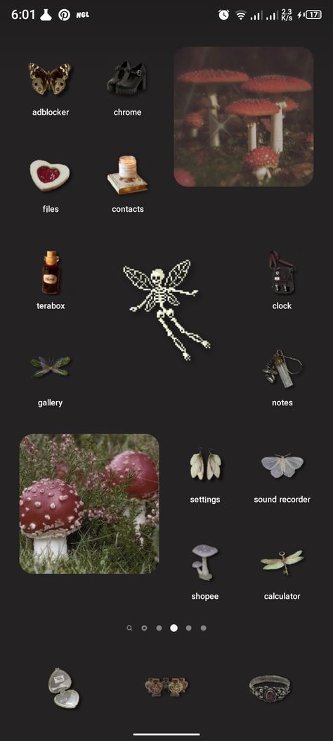 Mushroom Phone Theme, Grunge Iphone Theme, Goblincore Homescreen, Fairy Grunge Homescreen, Alt Homescreen, Grunge Phone Theme, Whimsigoth Phone Theme, Phone Themes Android, Phone Theme Ideas Dark