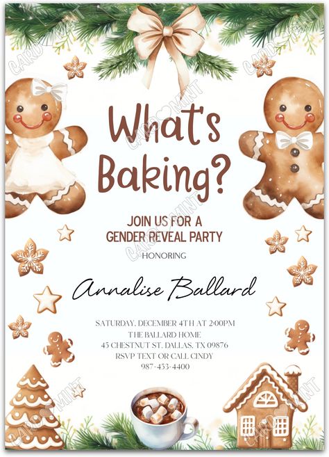 Quickly personalize. Includes matching thank you card.   Host a successful gender reveal starting with this gingerbread cookie brown invite!   You can edit this product yourself, during and/or after purchase. Print or send as an Evite.  Image watermarks will be removed after purchase.  The dimensions are 5"x7". Gingerbread Cookie Gender Reveal, Ginger Reveal Party Ideas, Whats Baking Gender Reveal Decor, Gender Reveal Themes December, What's Baking Gender Reveal, Christmas Gender Reveal Invitations, Gender Reveal Theme Winter, The Grinch Gender Reveal Ideas, Build A Bear Gender Reveal