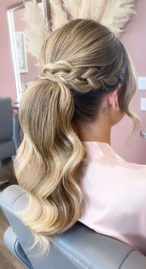 Braided ponytail/@hairbylucie/fabmoodbeauty IG Formal Ponytail Hairstyles With Braids, Fancy Wedding Ponytail, Prom Ponytail Hairstyles High With Braid, Formal High Ponytail Hairstyles With Braid, Bridal High Ponytail Wedding Hairstyles, Braid Ponytail Wedding, High Ponytail Bridesmaid Hair, High Ponytail Prom, High Ponytail With Braid