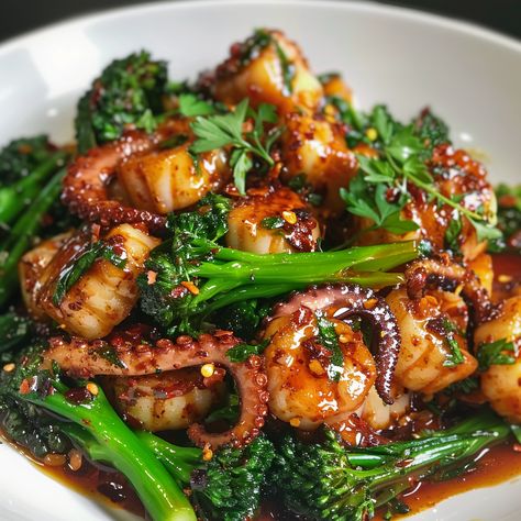 Citrus-Spiced Baby Octopus with Crunchy Broccolini Recipe Greek Seafood Dishes, Frozen Octopus Recipes Easy, Small Plate Food Ideas, Whole Octopus Recipes, Octopus Dishes Recipes, Asian Octopus Recipes, Greek Octopus Recipes, Squid Tentacles Recipe, Korean Octopus Recipes