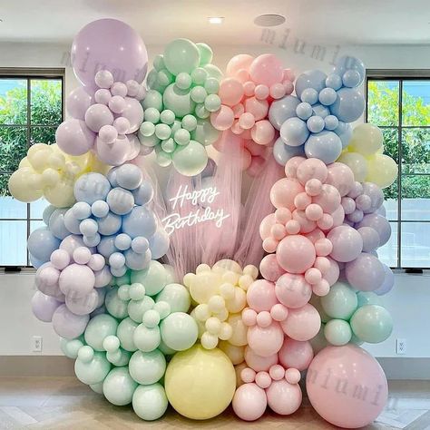 Rainbow Balloon Garland, Baby Shower Balloon Decorations, Birthday Party Pink, Balloon Holders, Wedding Happy, Pastel Balloons, Balloon Stands, Garland Arch, Rainbow Balloons