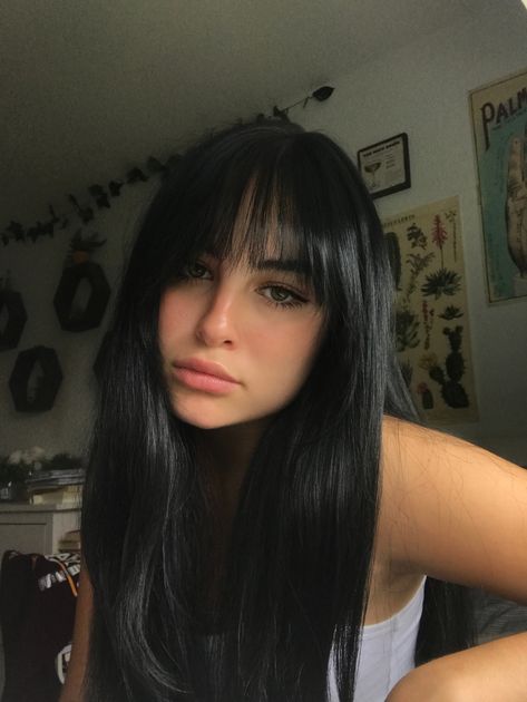 @isabel.reyn on instagram Straight Bangs Black Hair, Bangs With Black Long Hair, Fringe Bangs Dark Hair, Black Hair Fringe Bangs, Black Hair Long Bangs, Black Hair With Fringe Bangs, Long Black Hair With Bangs Straight, Bangs With Dark Hair, Long Dark Hair Bangs