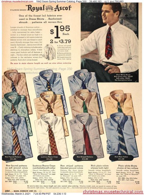 1942 Sears Spring Summer Catalog, Page 350 - Christmas Catalogs & Holiday Wishbooks 1950s Mens Fashion, 1950s Mens, Vintage Mens Fashion, Christmas Catalogs, The Past, Spring Summer, Turn Ons, Christmas