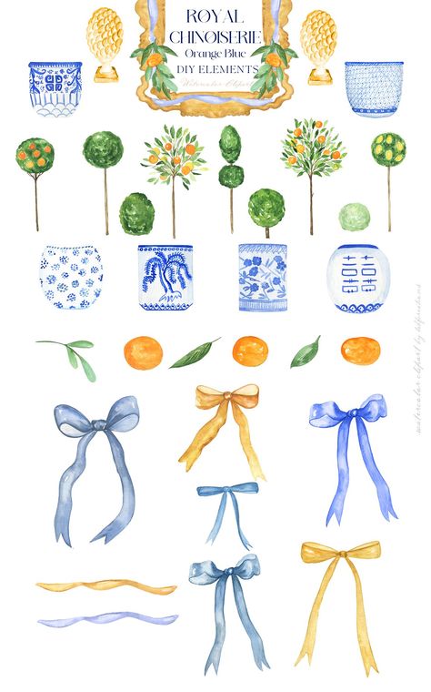 Chinoiserie Pattern Design, Chinoiserie Clipart, Orange Chinoiserie, Chinoiserie Wedding, Chinoiserie Pattern, Motifs Textiles, Blue And White Chinoiserie, Arte Floral, Watercolor Clipart