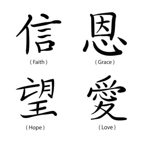 Chinese symbols for love, faith, grace, ... | Premium Vector #Freepik #vector #chinese-language #calligraphy-letters #script #hope Hope Chinese Symbol, Chinese Symbols And Meanings, China Letters, Hope Calligraphy, Symbols For Love, One Letter Words, Types Of Handwriting, Chinese Love Quotes, Chinese Calligraphy Art