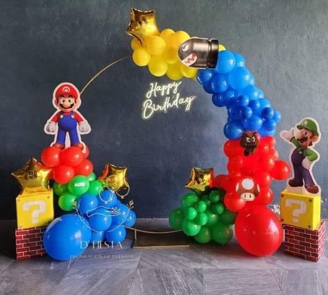 Mario’s Bros Birthday, Mario Bros Backdrop Party Ideas, Super Mario Bros Balloons, Mario Birthday Party Balloons, Mario Brothers Balloon Arch, Mario Birthday Party Decorations Simple, Simple Mario Birthday Party, Super Mario Bros Balloon Arch, Super Mario Cake Birthday Easy