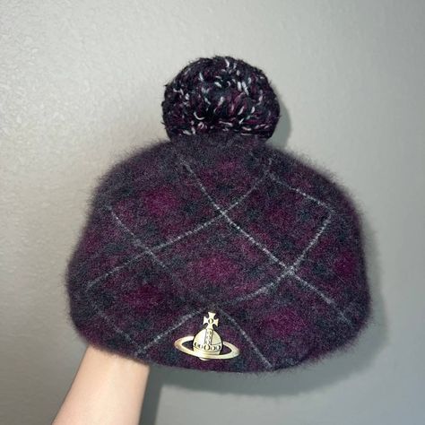 Vivienne Westwood Beret, Vivienne Westwood Hat, Vivienne Westwood Logo, Tartan Hat, Purple Tartan, Vivienne Westwood Orb, Westwood Vivienne, Logo Purple, Knitted Beret