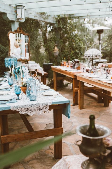 This Eclectic Wedding at Home Came to Life with Thrift Store Finds and Thoughtful Touches Thrift Shop Wedding, Mismatched Decor, Poolside Reception, Vintage Outdoor Wedding, Thrifted Wedding, Vintage Wedding Table Settings, Hayley Paige Wedding, Hayley Paige Wedding Dress, Country Field