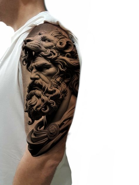 Greek God Chest Tattoo Men, Hercules Statue Tattoo, Greek Sleeve Tattoo For Men, Hercules Tattoo Stencil, Dios Griego Tattoo, Greek God Tattoo Sleeve, Zeus Tattoo Stencil, Cover Up Arm Tattoo, Odysseus Tattoo