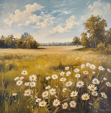 Oil painting of a field with daisies - Maxleron Painting Fields Landscapes, Floral Field Painting, Flowers And Grass Painting, Daisy Field Drawing, Landscape With House Painting, Wild Flower Field Painting, Paintings Of Daisies, Flower Fields Painting, Nana Painting