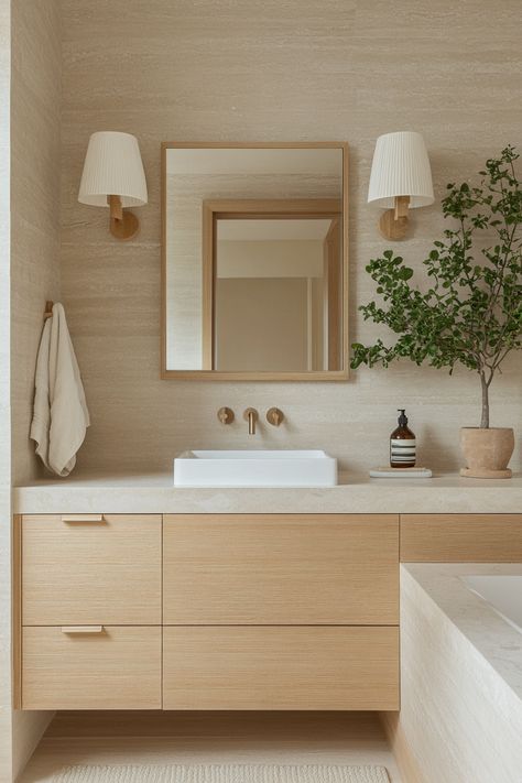 Transform your space with these modern bathroom ideas! Featuring clean lines, neutral tones, and lush greenery, this design epitomizes tranquility and sophistication. Perfect for a serene, contemporary look. #ModernBathroom #InteriorDesign #HomeDecor Warm Neutral Bathroom, Warm White Bathroom, Modern Guest Bathroom, Japandi Bathroom Design, Japandi Bathroom, Modern Bathroom Ideas, Serene Bathroom, Calming Spaces, Suite Bathroom