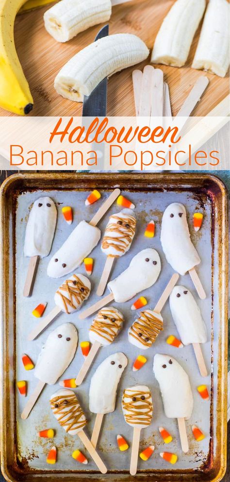 Halloween Snacks For School, Halloween Bananas, Quick Snacks For Kids, Snacks For School, Candy Corn Recipe, Chocolate Dipped Bananas, Banana Popsicles, Spooky Dinner, Halloween Deserts